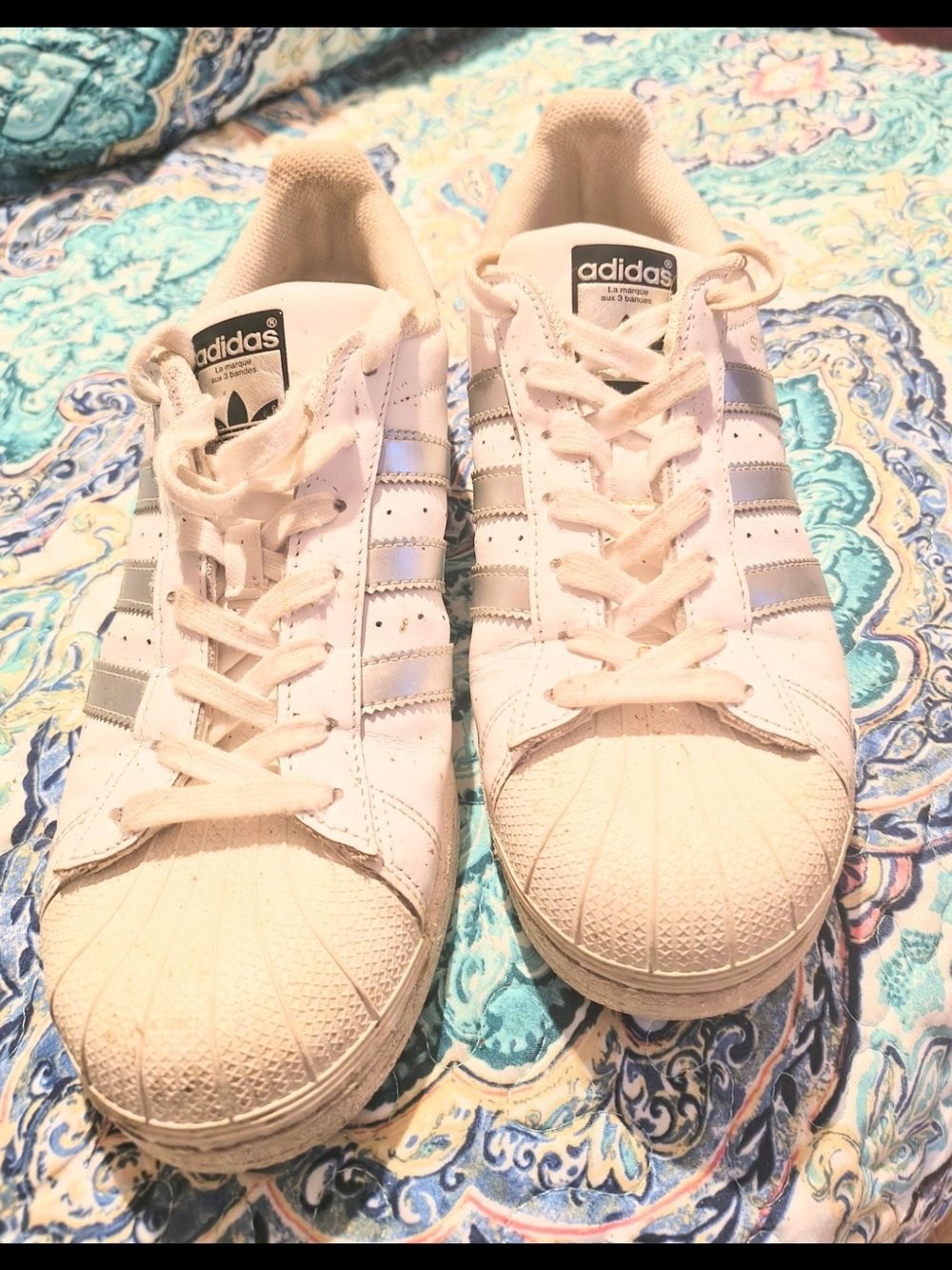 Women's Size 8.5 adidas Superstar White Silver Metallic Shoes heavy wear see pic